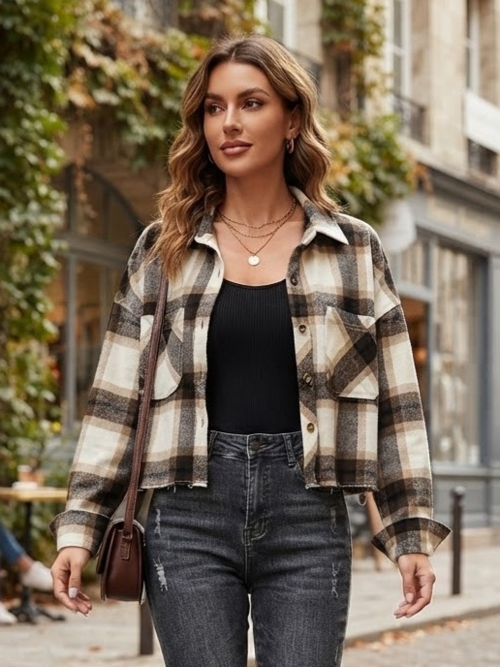 Ci Sono Cropped Plaid Shacket in Cream & Brown